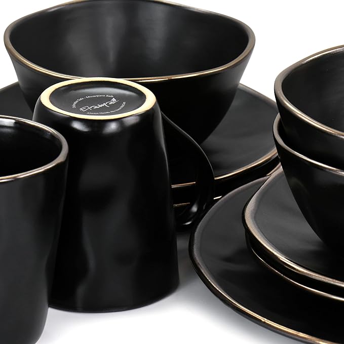Elama Modern 16 Piece Stoneware Dinnerware Set in Matte Black with Gold Rim (ELM-MATTE)