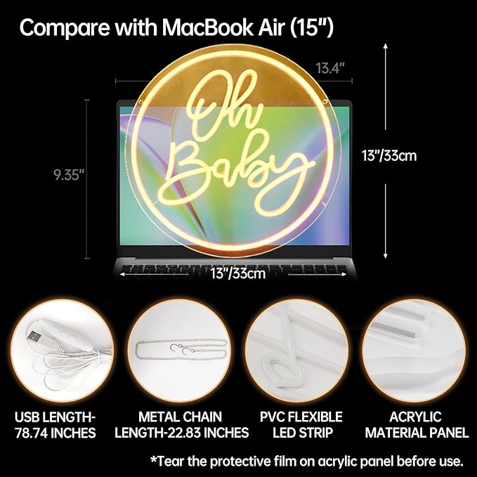 Oh Baby Neon Signs for Backdrop Decor, Neon Led Sign for Baby Shower, Gender Reveal, Birthday Party Decorations, Dimmable Switch USB Power, Adhesive Hook Included