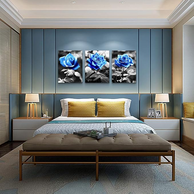 bedroom Wall Art for living room bathroom Wall Decor for kitchen family pictures artwork Black and white Blue rose flowers Canvas paintings 16" x 24" 3 Pieces framed Modern office Home decorations