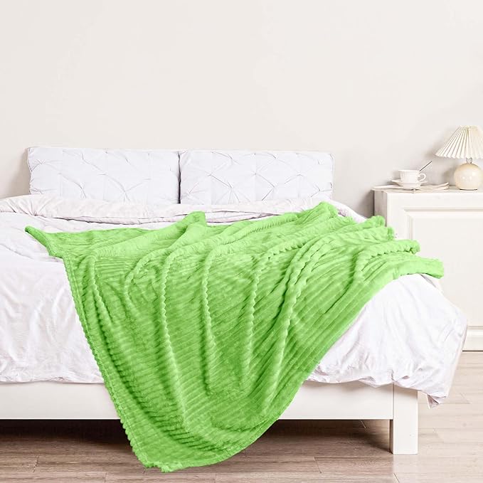 Bnuitland Light Green Flannel Throw Blanket (60X80 inches) with Storage Pouch,300GSM Super Soft Fleece Stripe Pattern Sofa Blanket for Adults, Lightweight Cozy Bed Throw for Home Decor All Season