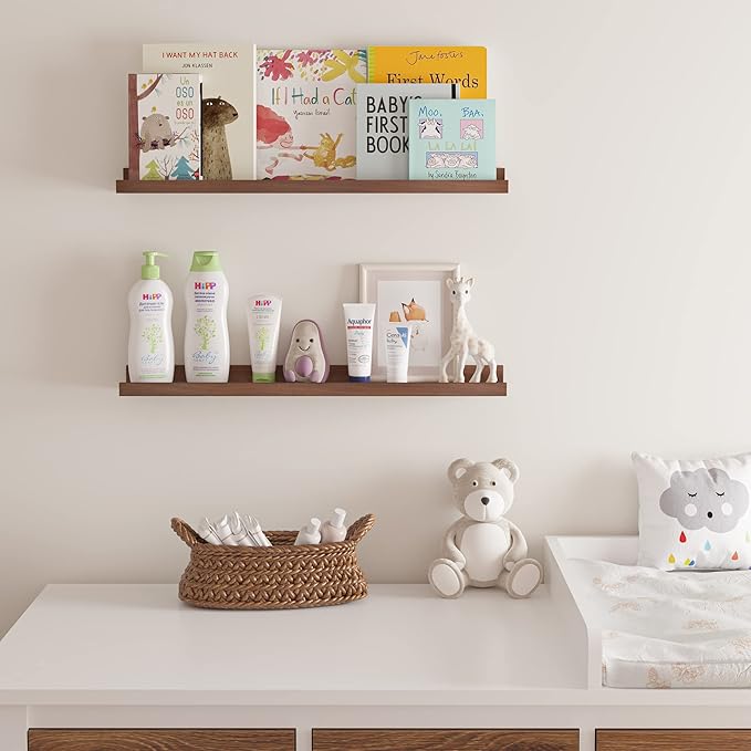 Wallniture Denver 24" Floating Shelves for Wall Collage, Picture Ledge Shelf, Living Room Bookshelf, Wall Shelf for Kitchen, Kids Room Shelves, Walnut Color Set of 2