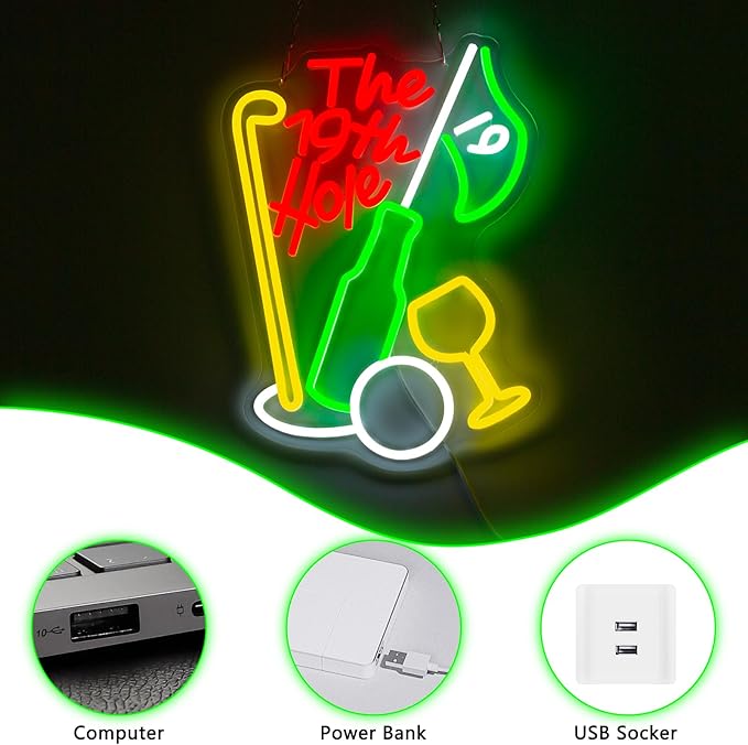 The 19th Hole Neon Sign, Golf Neon Signs For Wall Decor, Sports Led Light Up Signs for Bar Golf Club Home Party Decorations Gifts