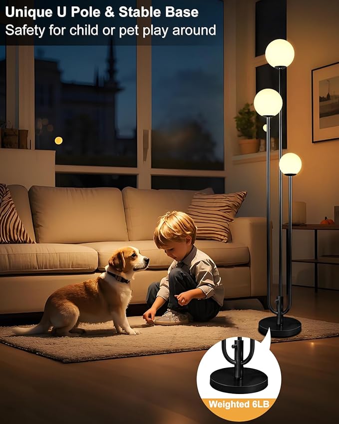 63IN 3-Light Dimmable Floor Lamp, Unique Tall Standing Lamps with 3 Black Poles and 3000K G9 Bulbs for Reading, Mid Century Modern Floor Lamp for Living Room Bedroom Office