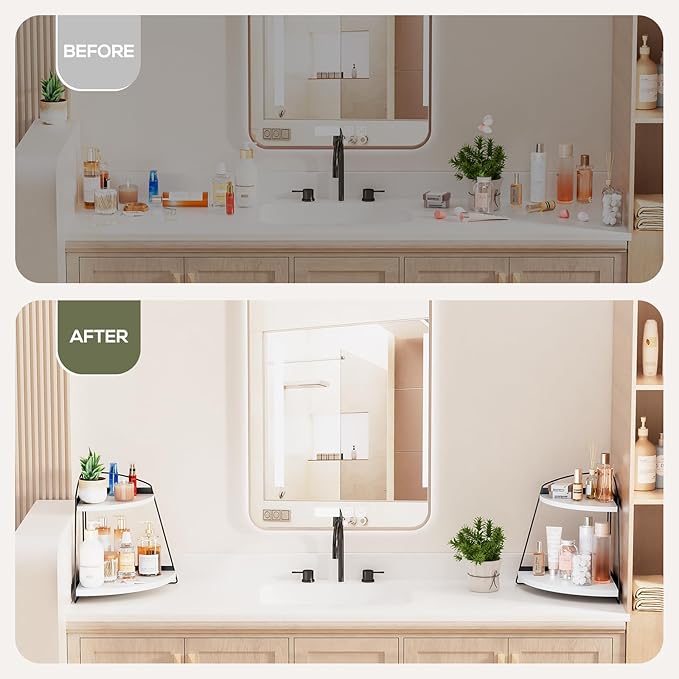 Puricon Bathroom Counter Organizer, 2 Tier Corner Countertop Storage Shelf Bathroom Sink Organizer, Wood Triangle Bathroom Organization for Skincare Kitchen Vanitity -White, 2 Pack