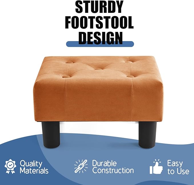 BRIAN & DANY Small Foot Stool, Velvet Foot Stools with Legs, Stable Small Footstool for Living Room, Orange