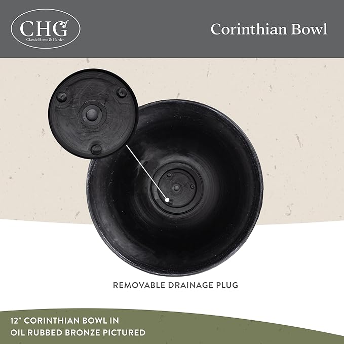 Classic Home and Garden Corinthian Shallow Planter with Drainage - Decorative Garden Bowl Planter for Flowers, & More - UV Resistant Wide Plant Bowl for Indoors/Outdoors (12” Oil Rubbed Bronze)