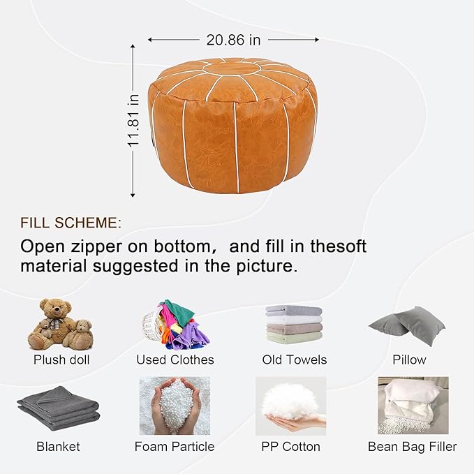 Louis Donné Pouf Ottoman Cover, Handmade Faux PU Leather Moroccan Style, Unstuffed Pouffe Ottomans, 20.8" Round, Foot Rest for Living Room, Floor Small Bean Bag Chair Gifts for Kids (Orange)