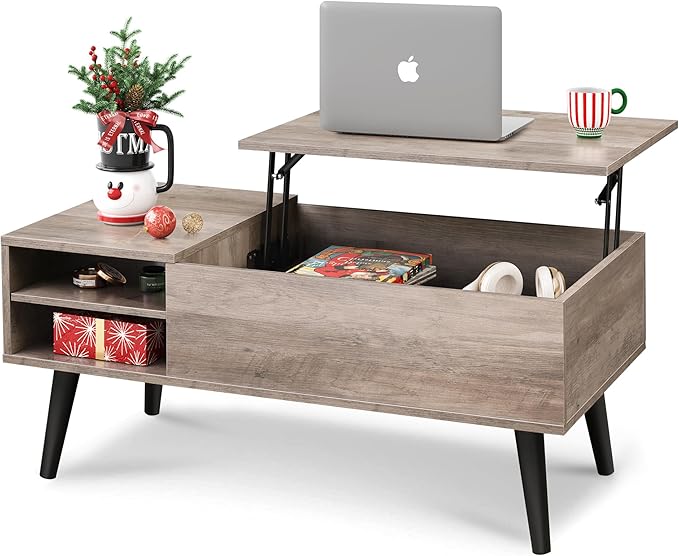 WLIVE Lift Top Coffee Table with Storage for Living Room,Small Hidden Compartment and Adjustable Shelf,Mid Century Modern ,Wood,Greige