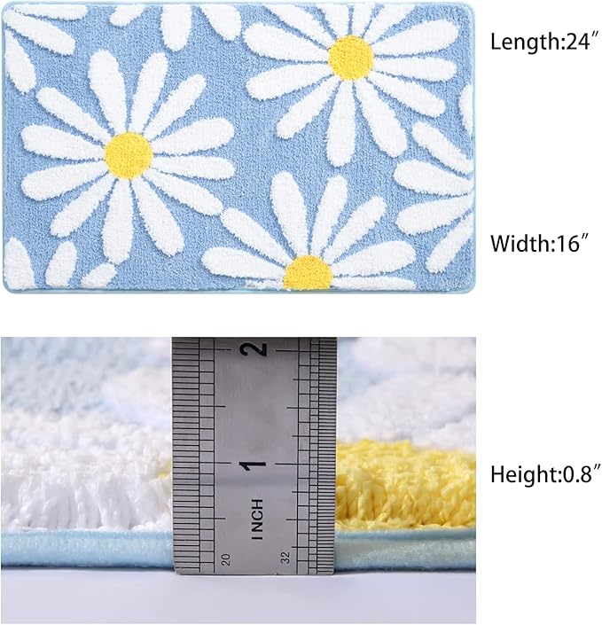 QJHOMO Blue Bathroom Rugs Cute Daisy Bath Mat White and Yellow Flower Decor Rug Non Slip Floor Carpet Microfiber Bathmat Super Absorbent Machine Washable Bathtub Mats for Shower (16x24 inch)