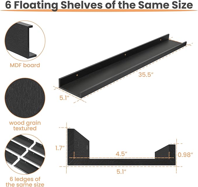 upsimples Floating Shelves for Wall, Wall Shelves for Decor Storage Set of 6, Wall Mounted Wood Shelves for Bedroom, Living Room, Bathroom, Kitchen, 35.5 inch Long Picture Ledge Shelves, Black