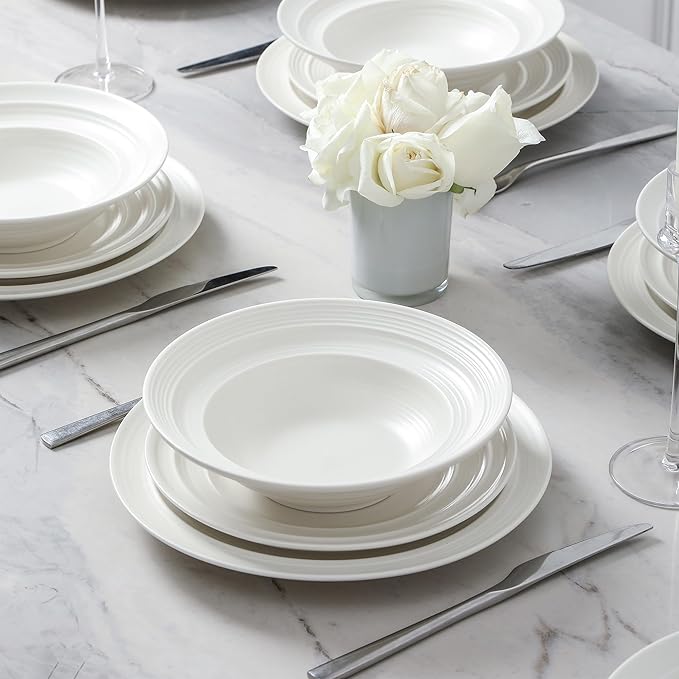 Earth & Clay Celeste 24-Piece Dinnerware, Stoneware, Plates and Bowls Set, Includes Dinner and Salad Plates, Cereal Bowls, Dishwasher and Microwave Safe, Dish Set for 8, Ivory White