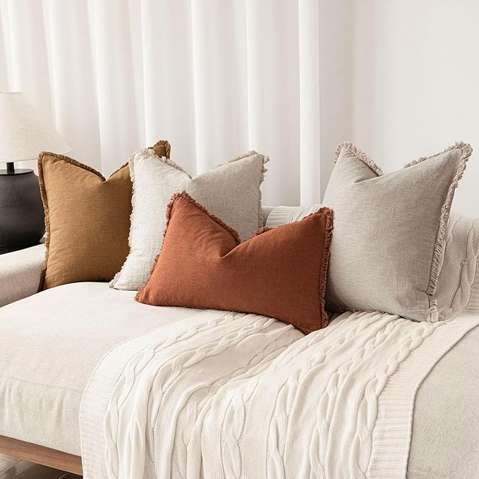 Foindtower Set of 2 Decorative Linen Fringe Throw Pillow Covers Boho Farmhouse Cushion Cover with Tassels Soft Accent Pillowcase for Couch Sofa Bed Living Room Home Decor,24×24 Inch,Orange Brown