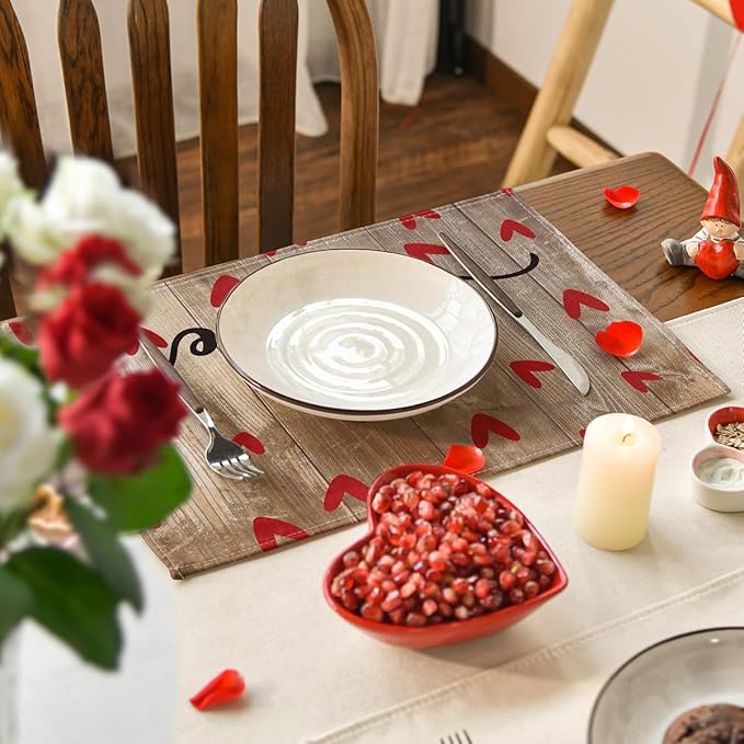 Artoid Mode Wood Love Hearts Valentine Placemats Set of 4, 12x18 Inch Seasonal Anniversary Holiday Table Mats for Party Kitchen Dining Decoration