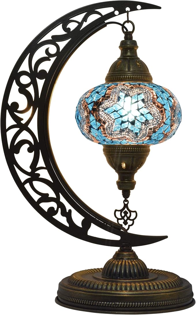 mozaist Turkish Lamp, Moon Shaped Mosaic Table Lamp, Tiffany Desk Bedside Stained Glass Lamp with US Plug and E12 Socket