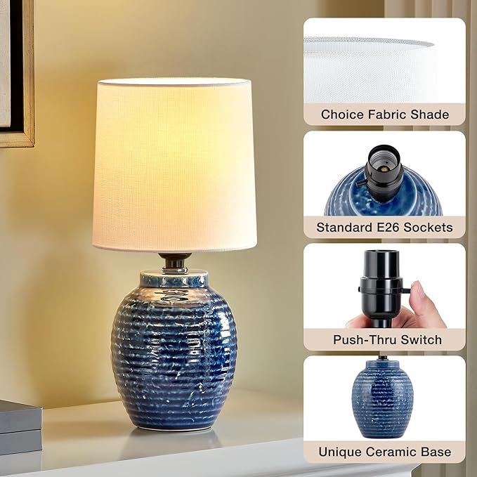 Ceramic Lamps Set of 2 - Mini Farmhouse Lamps Vintage Small Lamps Decorative for Small Spaces Bedroom Nightstand Living Room Reading Desk End Table Lamp, Blue