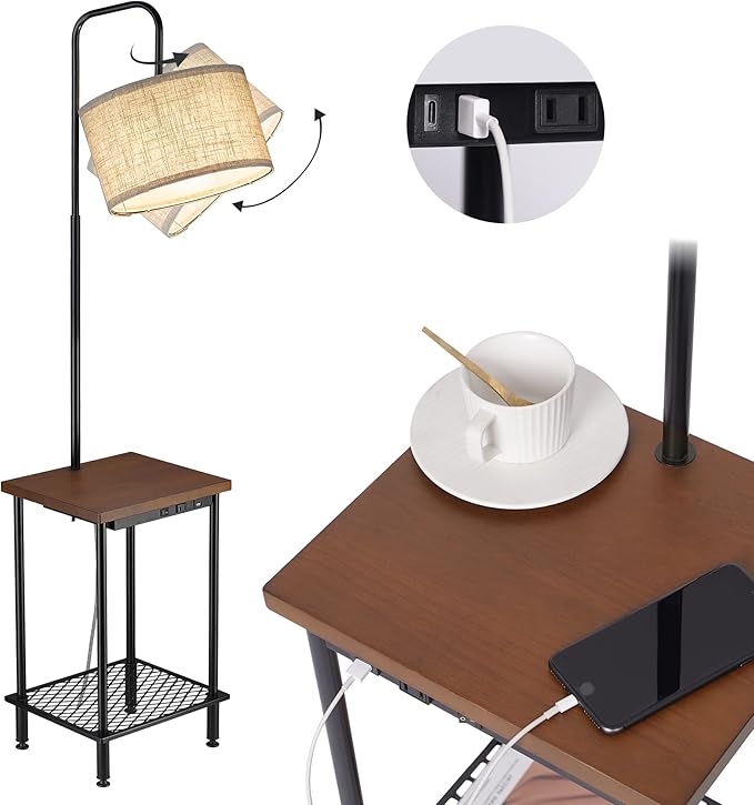 ELYONA Industrial Table Floor Lamp, Solid Wood End Table lamp with USB Type-C Charging Port & Power Outlet, Side Table Shelf Tall Pole Standing Light for Living Room,Bedroom,LED Bulb Included, Brown