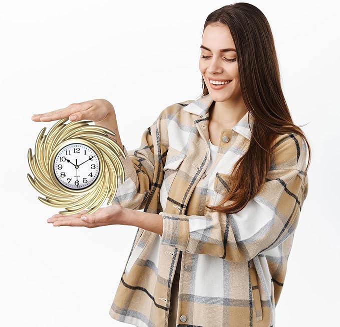10 Inch Small Wall Clocks Battery Operated, Gold Boho Wall Clock for Living Room Decor, Round Decorative Wall Clock for Living Room Bedroom Kitchen Home Office
