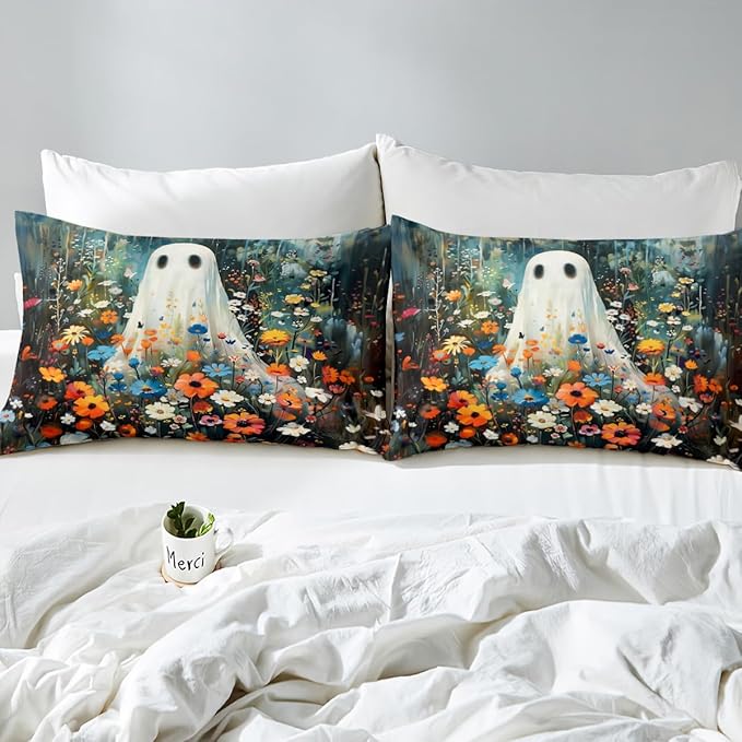 Feelyou Halloween 4 Pieces Sheet with 16 Inch Deep Pockets for Girls Boys Kids King Size Horror Theme Cute Ghost Bedding Room Decor Gardon Flower Bed Sheets Set Bluish Bed Cover