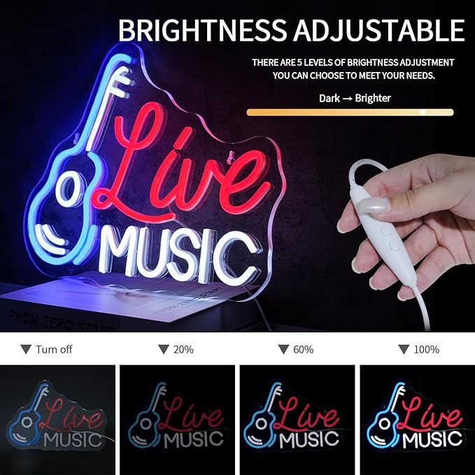 Live Music Neon Sign for Wall Decor - Dimmable LED Light for Studio, Guitar, Bar, Concert, Party, Man Cave - Room Decoration Gift
