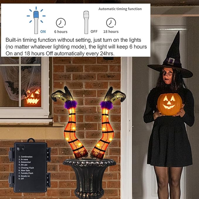 Juegoal Set of 2 Halloween Lighted Wicked Orange Witch Legs with Stakes, 22" Light Up Tinsel Halloween Yard Sign Prop Timer & 8 Modes, Battery Operated for Outdoor Party Haunted House Garden Decor