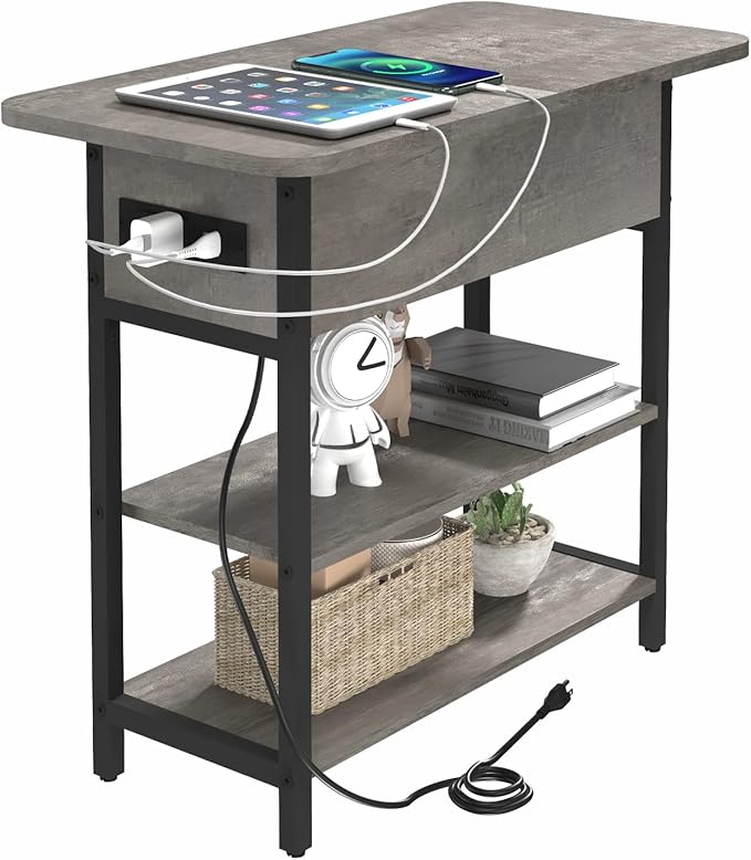 Yoobure End Table with Charging Station, Flip Top Side Table with USB Ports and Outlets, Sofa Couch Table Bedside Table for Living Room Bedroom, Narrow Nightstand with Storage Shelves for Small Space