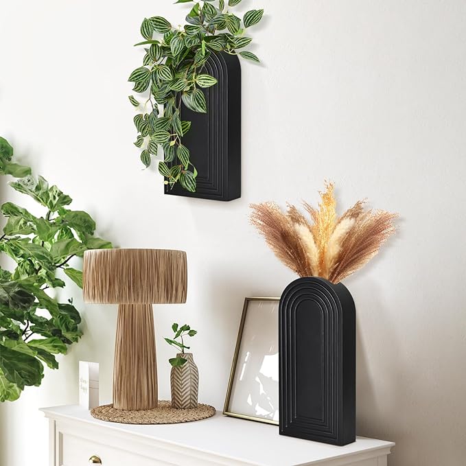 Wall Planter for Indoor Plants, Black Wall Decor for Living Room, Bathroom, Wood Wall Vases for Decor Dried Flowers and Faux Greenery, Set of 2 Modern Farmhouse Decor Hanging Planter