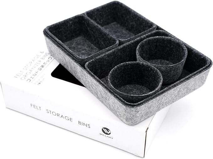 Welaxy Drawer organizer felt trays desk storage bins dividers small drawers organizing box for office supplies interior cozy decor catchall entryway key holder 7-piece back to school (Charcoal)