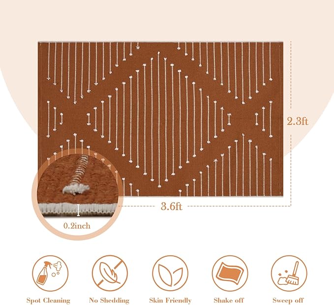 LIVEBOX Boho Washable Entryway Rug, 2.3' x 3.6' Front Door Rug for Entryway Indoor Burnt Orange Kitchen Rugs Moroccan Outdoor Mat, Hand-Woven Area Rug Cotton Throw Carpet for Layered Porch Bathroom