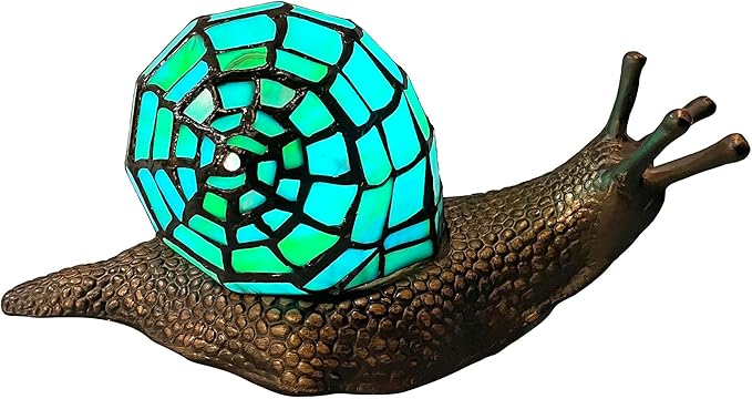 Bieye L10975 Land Snail Tiffany Style Stained Glass Accent Table Lamp for Home Decor (Cyan, 10" D x 5" W x 5" H)