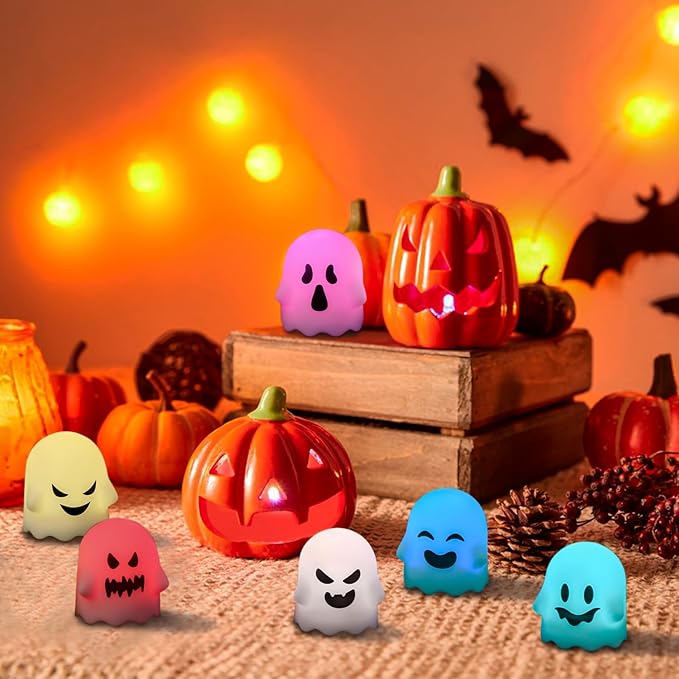 DRomance Ghost Flickering Flameless Candles Battery Operated with Remote and Timer 6 Pack Color Changing Light Spooky White LED Tea Lights Candles Halloween Indoor Decoration Gifts(2 x 2.4 Inches)