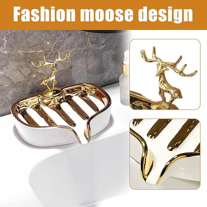Soap Dish, Virvia Luxurious Ceramic Soap Dish Self Draining Soap Holder Tray Easy Cleaning Soap Saver for Shower Bathroom Kitchen Sink Bathtub Hotel Travel(White Painted in Gold)