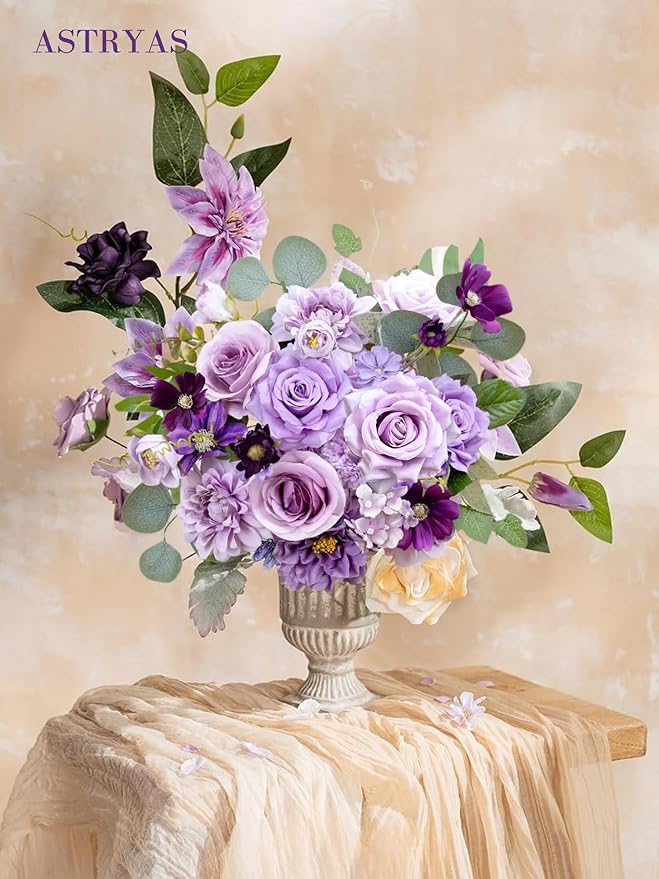 ASTRYAS Artificial Purple Flowers Combo Box Set Mix Silk Flowers Dahlia Roses with Stems for DIY Wedding Bouquets Centerpieces Arrangements Party Bridal Baby Shower Home Decorations