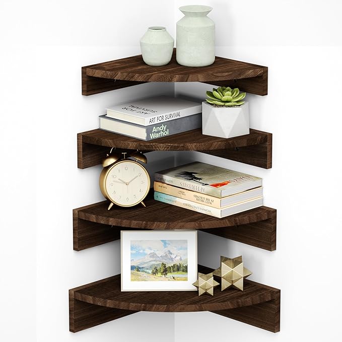 Alsonerbay Corner Shelf Wall Mount, Floating Shelves for Wall Storage and Display, Set of 4 Rustic Wood Shelves for Bedroom, Kitchen, Living Room, Nursery and Office (Dark Brown)