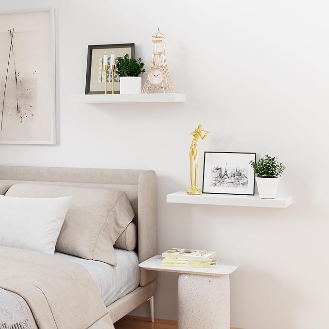 Bellsal Floating Shelves for Wall, White Engineered Wood Wall Shelf Set of 2, 24" Wall Mounted Floating Shelf for Kitchen, Living Room, Bedroom, Bathroom Storage, Book Shelf for Home Decor