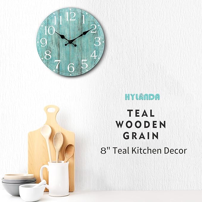 HYLANDA Wall Clock, Teal Silent Non-Ticking Battery Operated, Kitchen Rustic Vintage Decorative Aqua Clocks for Bathroom Bedroom Living Room Office 8 Inch