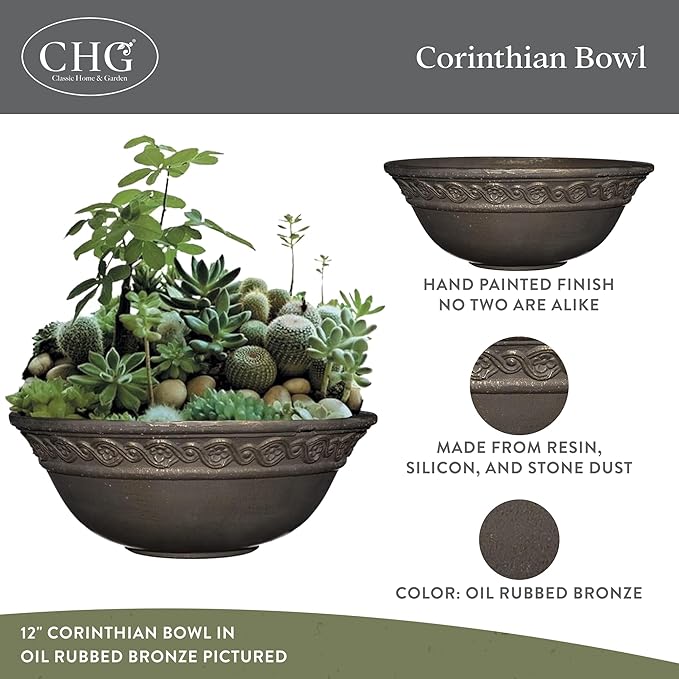 Classic Home and Garden Corinthian Shallow Planter with Drainage - Decorative Garden Bowl Planter for Flowers, & More - UV Resistant Wide Plant Bowl for Indoors/Outdoors (12” Oil Rubbed Bronze)