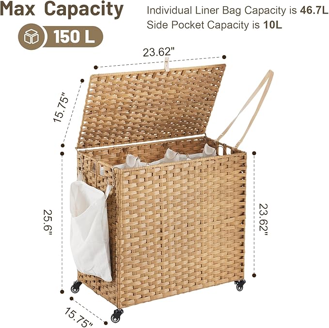 Laundry Hamper with Wheels, 39.6 Gallon(150L) Rolling Laundry Basket with Lid, 3-Section Rattan Clothes Hamper with 3 Removable Liner & 3 Mesh Bags, Laundry Sorter with Side Pocket, Natural