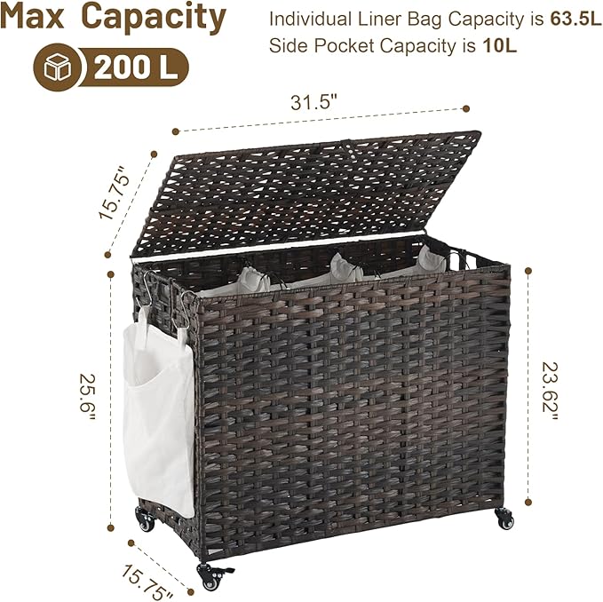 Laundry Hamper with Wheels, 52.8 Gallon(200L) Rolling Laundry Basket with Lid, 3-Section Rattan Clothes Hamper with 3 Removable Liner & 3 Mesh Bags, Laundry Sorter with Side Pocket, Brown