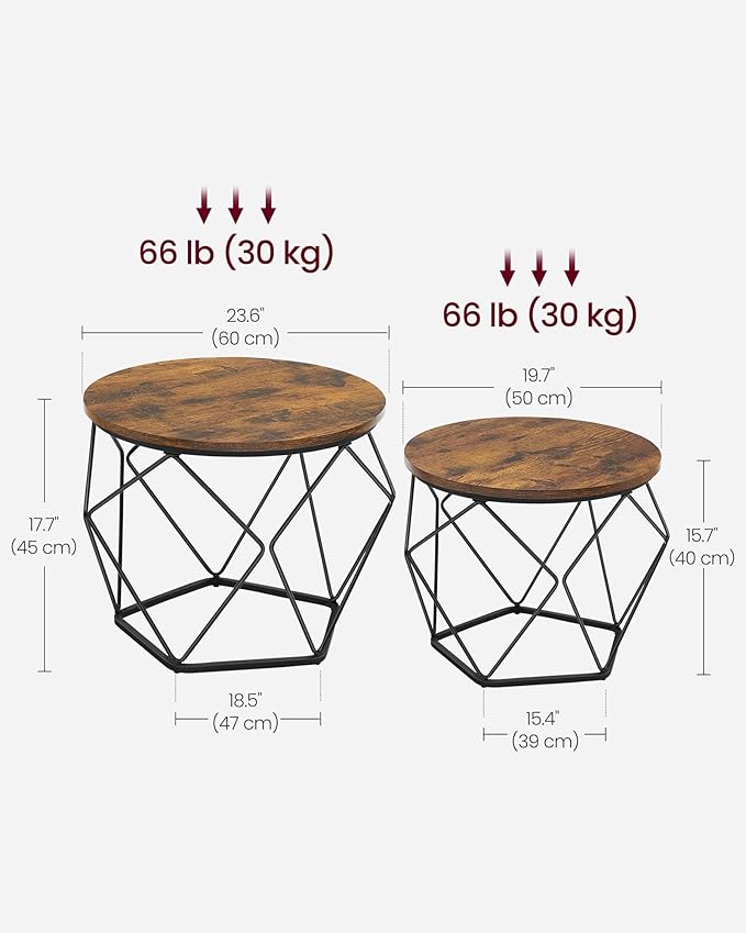 VASAGLE Small Coffee Table Set of 2, Round Coffee Table with Steel Frame, Side End Table for Living Room, Bedroom, Office, Rustic Brown and Ink Black