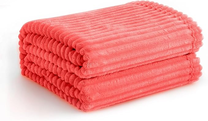 Vessia Flannel Fleece Twin Blanket for Couch,Sofa,Bed, 300GSM Striped 60x80 inch Red Blanket for Adults and Kids, Super Soft Warm Cozy Lightweight Ribbed Decor for All-Season