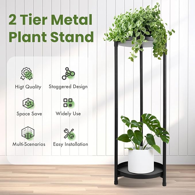 Oroonoko 2-Tier Black Plant Stand Indoor,28'' Tall Heavy Duty Metal Plant Holder,Rustproof Stable Plant Stand for Multiple Plant and Flower Pot in Corner Gardens Balconies Patios use
