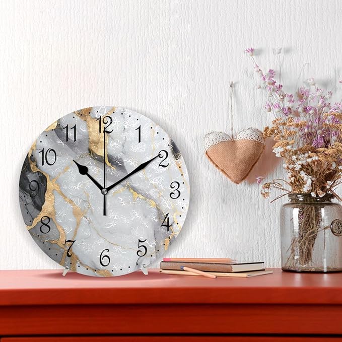 ALAZA Wall Clock Gold Marble White Black Silent Non-Ticking Decorative Wall Clocks Battery Operated 10 Inch for Home Living Room Kitchen Bathroom Bedroom