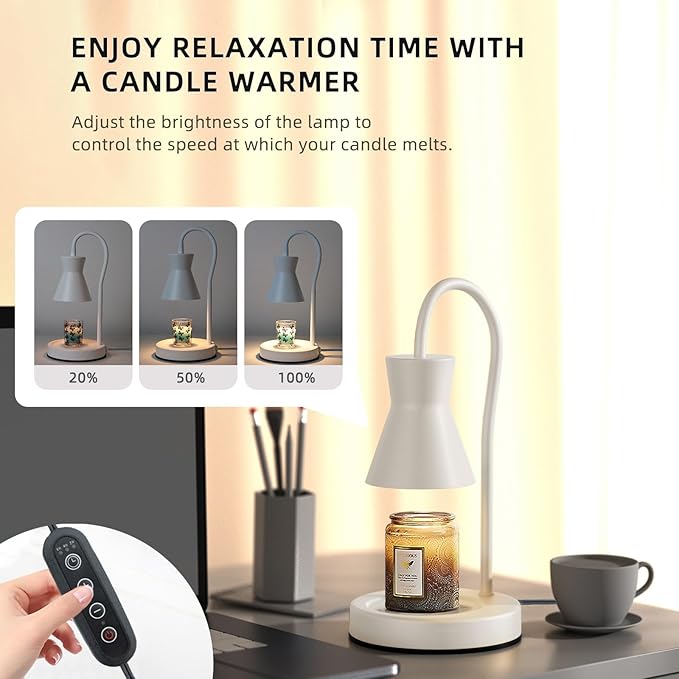 Candle Warmer Lamp with Timer and Dimmer, Vintage Electric Candle Melter with 2 Bulbs, Melter Scented Candle Height Adjustable Compatible with Jar Candles, House Warming Gifts (White)
