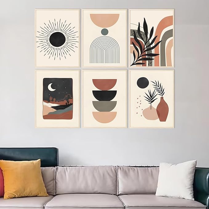 RETRART Boho Wall Decor for Bedroom, Art Home Palm Leaf Sun Moon Line Gallery Abstract Art, Minimalist | Unframed 8 inx10 inx6 PCS