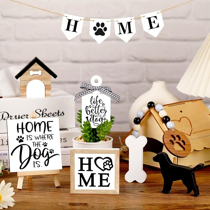 Set of 11 Farmhouse Tiered Tray Decor Rustic Home Tiered Tray Decorations Set Home Wooden Signs Bone Dog Paw Farmhouse Tabletop Wood Signs for Kitchen Table Shelf Decor