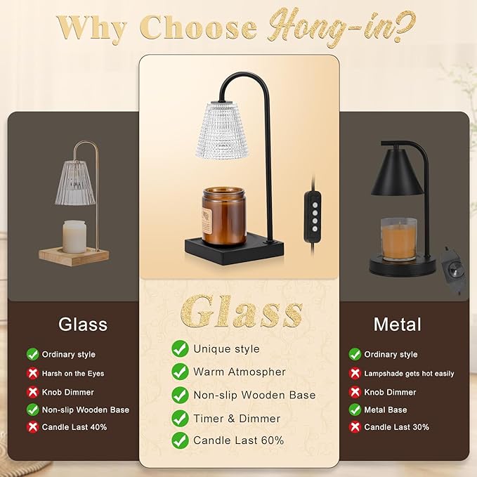 Hong-in Black Candle Warmer Lamp with Timer-Electric Candle Lamp Warmer,Dimmable Candle Warmers for Jar Candles,New Mom Gifts & Birthday Gifts for Women