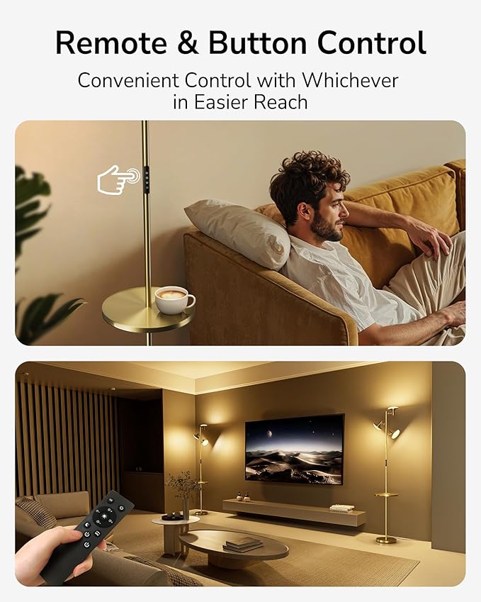 ULG Floor Lamp with Shelf 3-Light Standing Tree Lamp Independent Control Modern Decor Light Color/Intensity Changing Remote & Button Control 1200lm LED Lamp for Living Room Home Office Bedroom, Gold