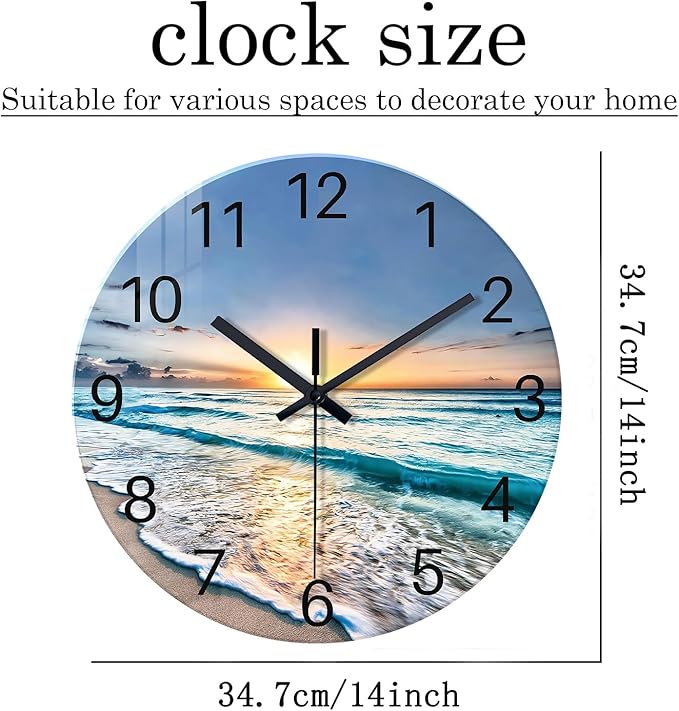 Blue Beach Wall Clock for Kitchen 14 Inch Round Coastal Clocks for Walls Analog Glass Wall Clock Non Ticking