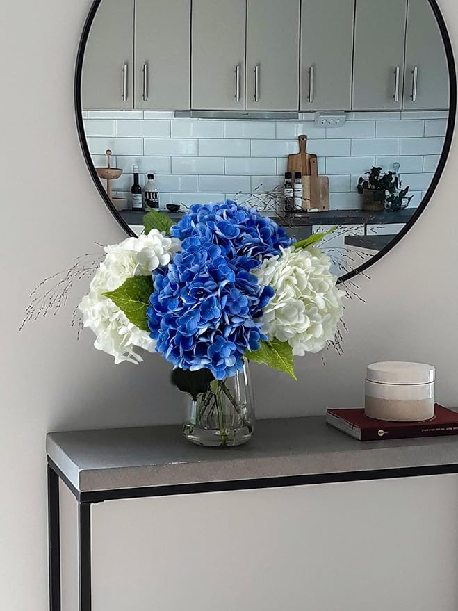 YalzoneMet 4Pcs Real Touch Hydrangea Artificial Flower Natural Lifelike 21'' Latex Long Stem Latex Hydrangea Flower Bouquets for Home Party Wedding Table Centerpiece Decor(2 White+2 Dark Blue)