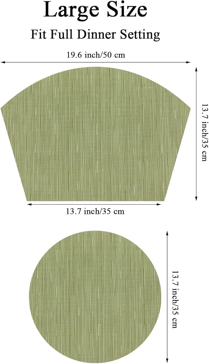SHACOS Large Size Wedge Shape Placemats with Centerpiece Round Mat Set of 5 Round Table Place Mats Washable Dining Table Placemats Reversible, Green